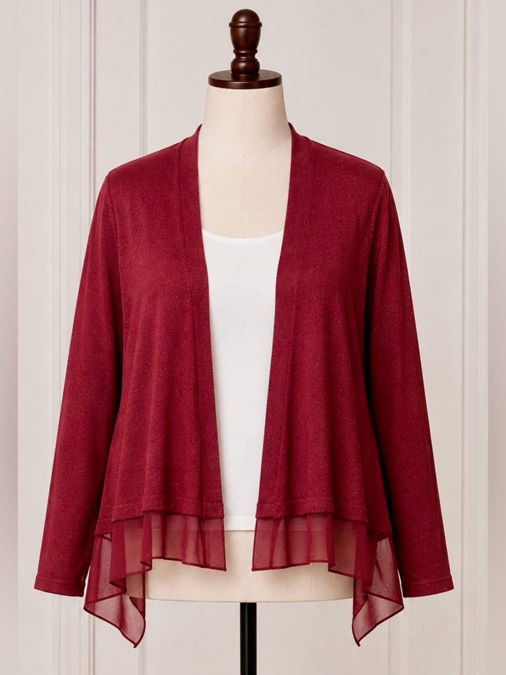 Anna Burgundy Open-Front Cardigan with Sheer Hem